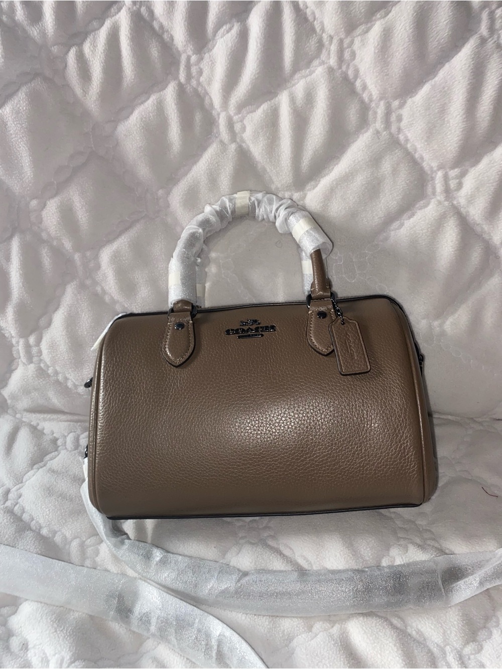 Pebbled Leather Satchel in Taupe with Top Handles - Picture 2 of 7